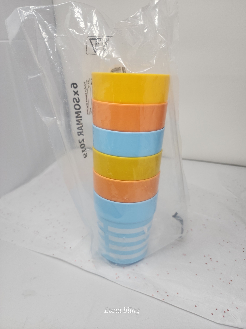 Bright Stackable Plastic Cups - Yellow, Orange, Light Blue